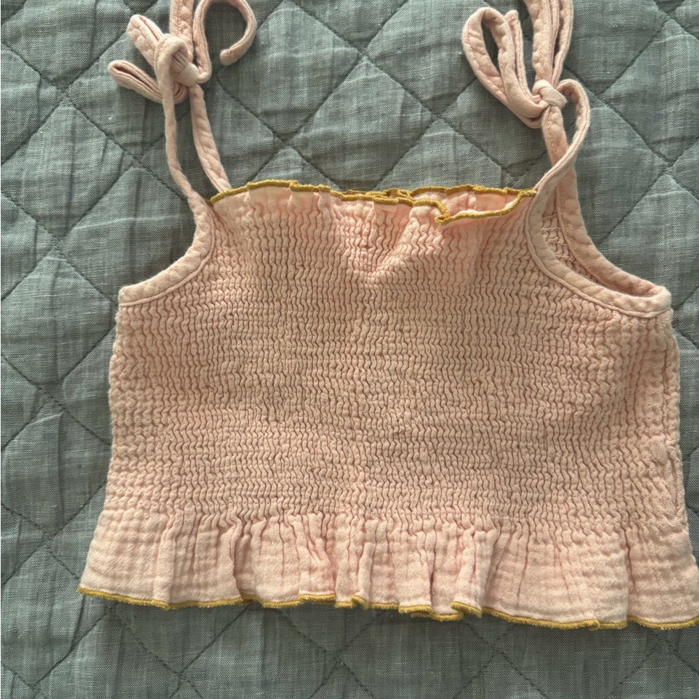 Finn & Vince Pink Smocked Tie-Strap Crop Top with Yellow Trim Cotton